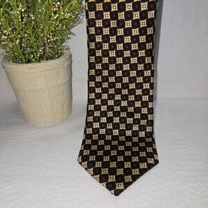 FERRELL REED 100% SILK MENS TIE BLACK GOLD SQUARE PRINT EXCELLENT CONDITION